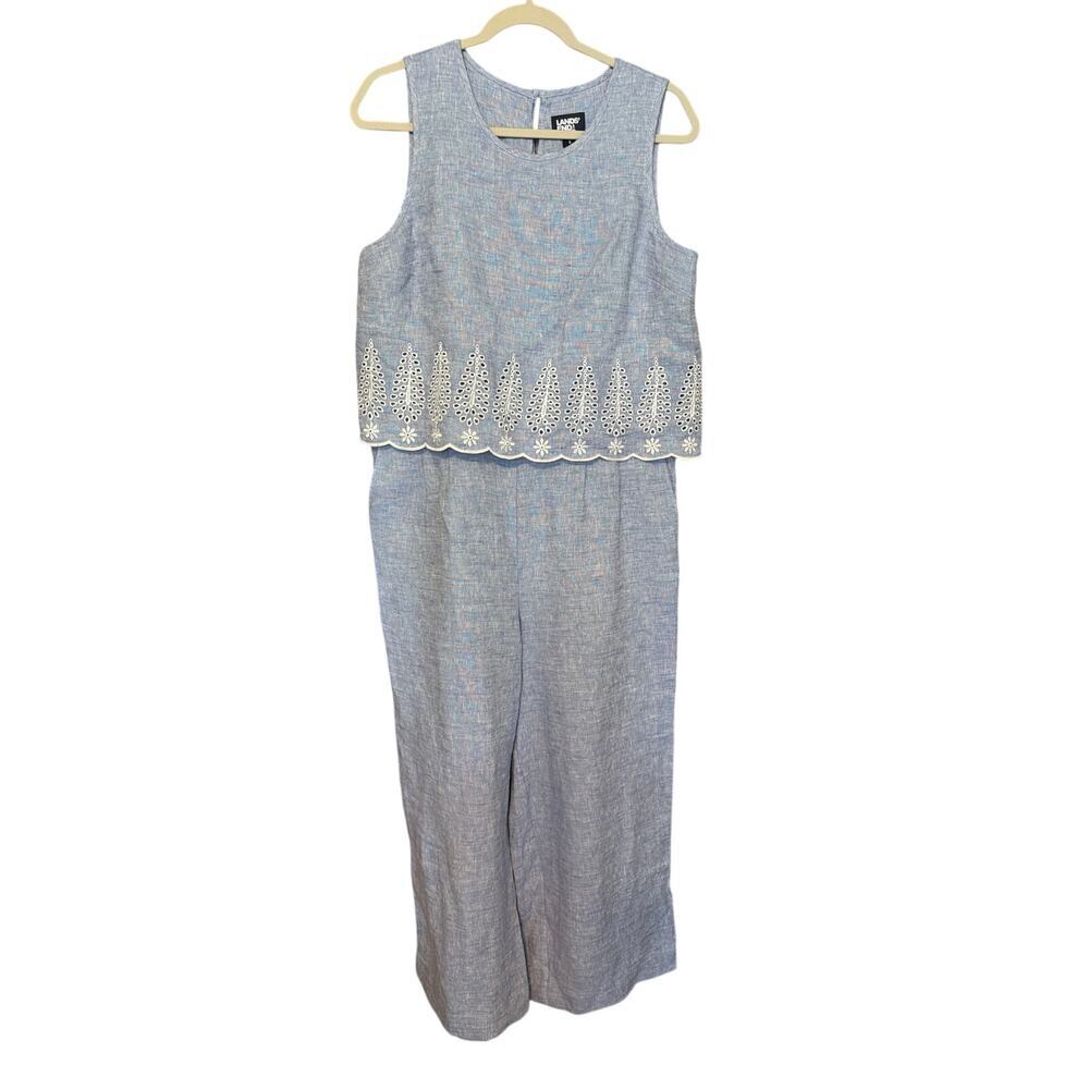 Lands End Women’s Sleeveless Embroidered Linen Jumpsuit. Blue/White. Size 8